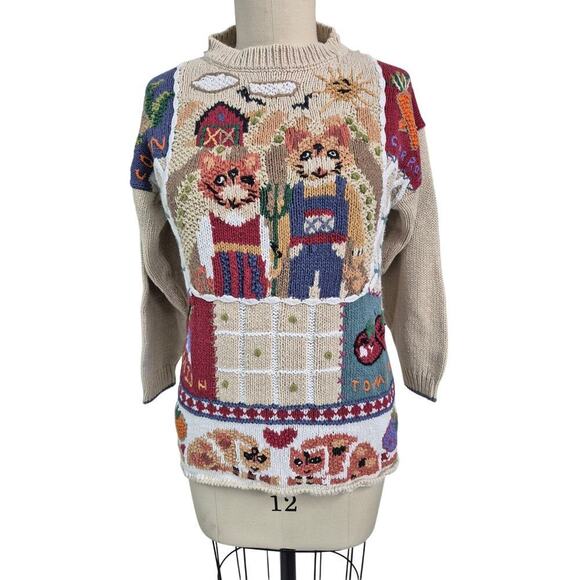 Beldochopper Tops - 80s VTG Beldoch Popper 3D Sweater American Gothic Cat Ugly Cottage Core Sz S